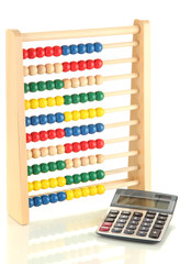 Bright wooden toy abacus and calculator, isolated on white