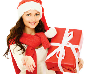 Close-up of smiling woman with gift isolated on white background