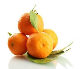 Ripe sweet tangerines with leaves, isolated on white