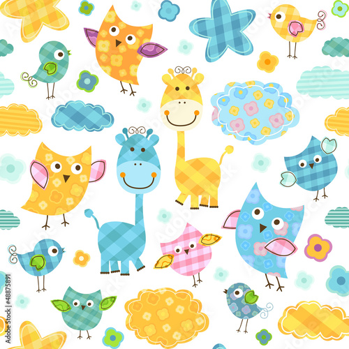 Naklejka dekoracyjna cute birds & giraffes seamless pattern