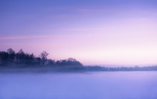 Winter Landscape, Foggy Morning Over Frozen Lake