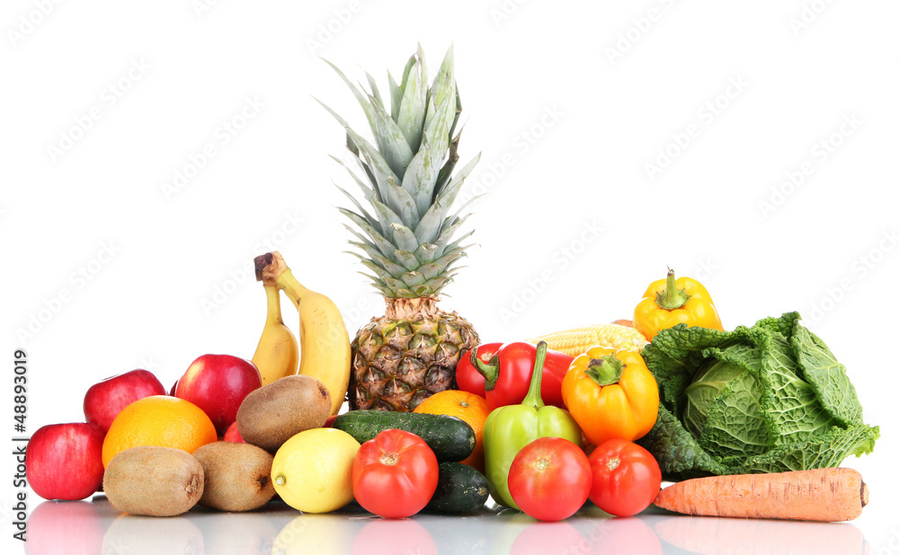 Composition with vegetables and fruits isolated on white