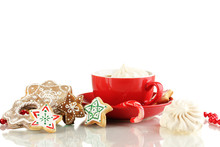 Christmas Treats With Cup Of Coffe Isolated On White