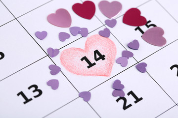 Notes on the calendar (valentines day), close-up