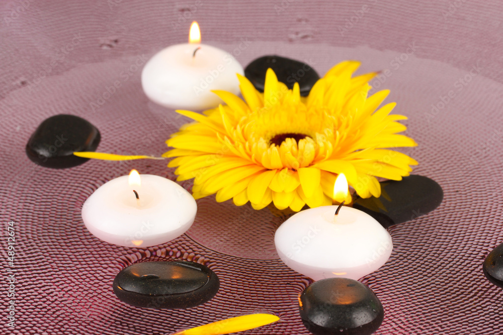 spa stones with flower and candles in water on plate