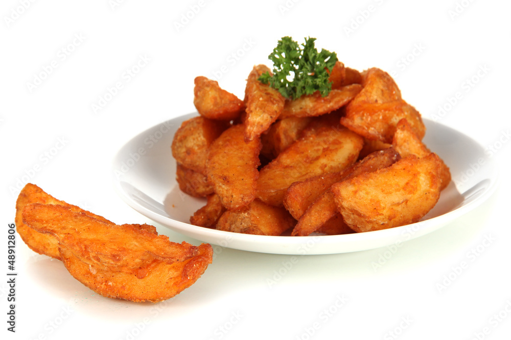 Appetizing village potatoes on plate isolated on white