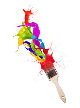 Colored Paint Splashes Splashing From Paintbrush On White