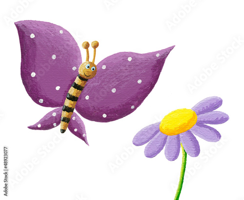 Naklejka ścienna Cute purple butterfly and flower