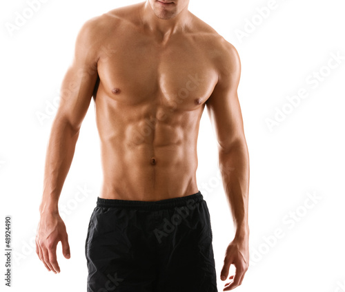 Foto-Vorhang - Half naked sexy body of muscular athletic man, isolated on white (von Karramba Production)