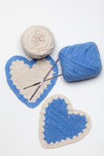White And Blue Crochet Knitted Hearts