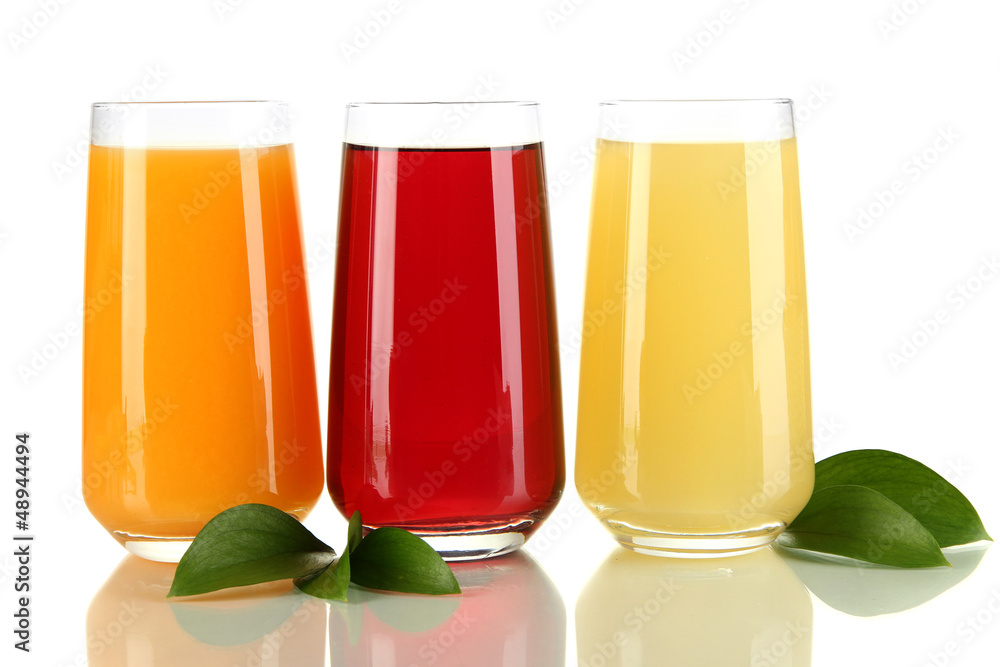 Glasses of juise and leafs isolated on white