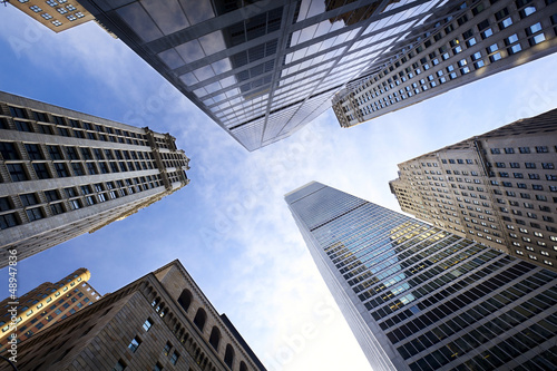 Fototapeta na wymiar Looking up Lower Manhattan skyscrapers, New York City