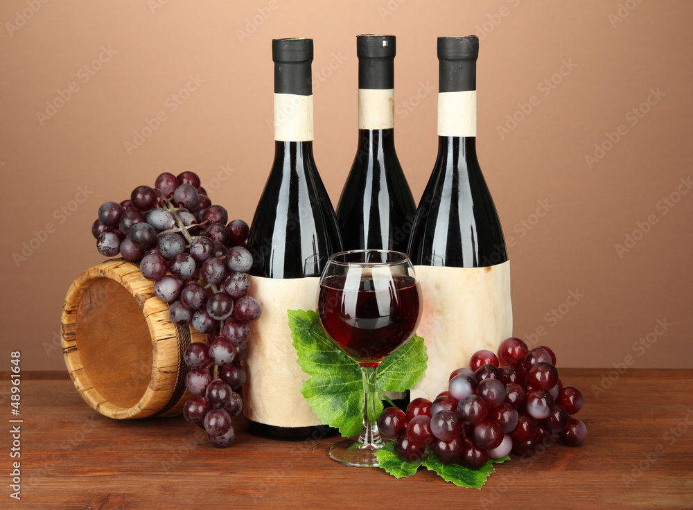 Composition of wine, wooden barrel and  grape,