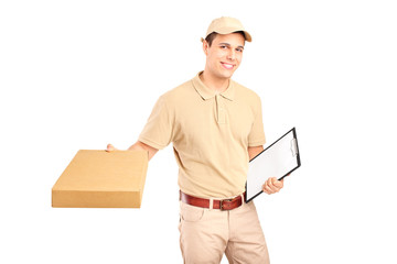 Wall Mural - A delivery person delivering a packet and holding a clipboard