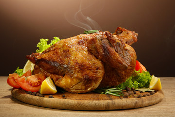 Wall Mural - Whole roasted chicken with vegetables,