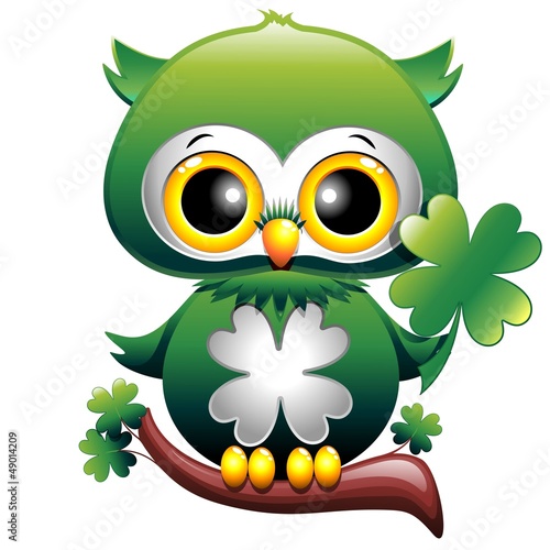 Naklejka ścienna Baby Owl St Patrick Cartoon Gufo Cucciolo con Quadrifoglio