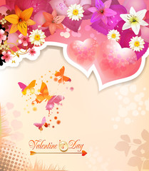 Wall Mural - Valentine's day card with hearts, butterflies and lilies