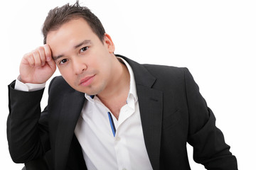 Picture of a pensive young businessman, isolated on white backgr