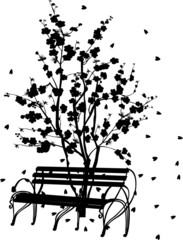 Sticker - black cherry tree blossom and bench