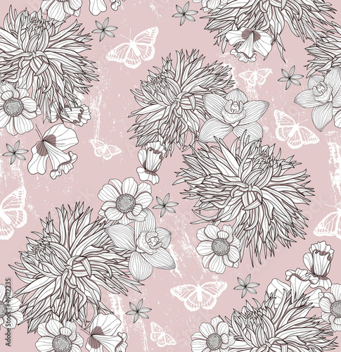 Fototapeta do kuchni Seamless floral pattern. Background with flowers and butterflies