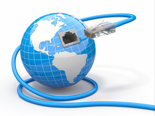 Fototapete - Global communication. Earth and cable, rj45.