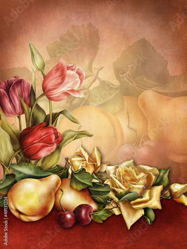 Fototapeta do kuchni Tło retro z tulipanami, różami, gruszkami i wiśniami