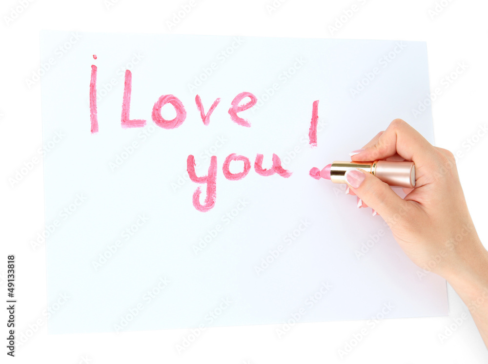 Inscription lipstick on white paper, isolated on white