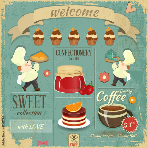 Obraz na płótnie canvas trzyczęściowy "tryptyk" Słodka kawiarnia menu w stylu retro