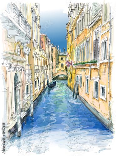 Obraz w ramie Venice - water canal, old buildings & gondola away