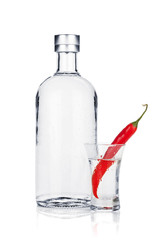 Sticker - Bottle of vodka and shot glass with red chili pepper