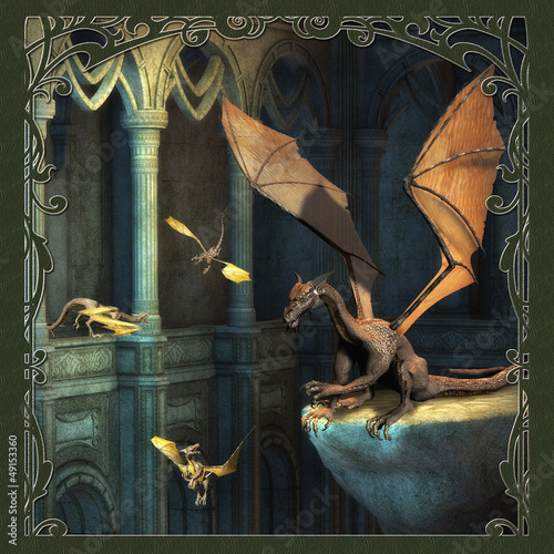 Obraz na płótnie canvas Scena fantasy ze smokami - grafika komputerowa