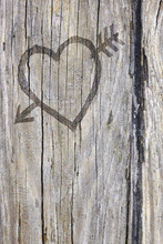 Love Heart And Arrow Graffiti Carved Into Wood