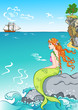 beautiful mermaid sitting on a rock, watching the ship 