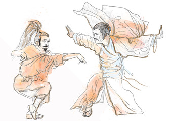 Wall Mural - Kung Fu, Chinese martial art. /// Hand drawing into vector