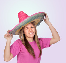 Teenager Girl With Big Mexican Hat