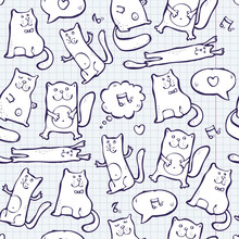Cats Doodles On A Notebook Paper, Seamless Pattern