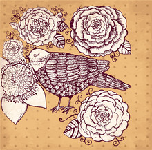 Vector Hand Drawn Illustration With Bird And Flowers