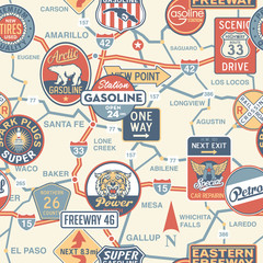 Wall Mural - Vintage vector road map with signboards - seamless pattern