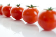 line of cherry tomatoes over white background, selective focus