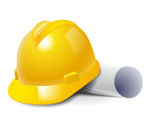 yellow safety hard hat and drawings. vector illustration