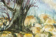 watercolor landscape of forests with big tree trunk and rocks on canvas