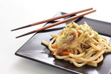 Japanese Cuisine, Fried Udon Noodles With Pork And Vegetable