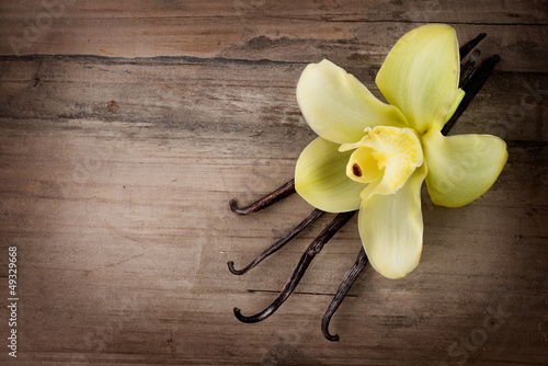 Obraz w ramie Vanilla Pods and Flower over Wooden Background