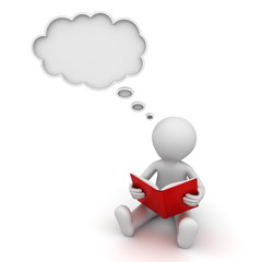 Poster - 3d man reading a book and thinking with a thought bubble