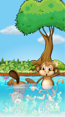 Sticker - A monkey and a beaver in the pond