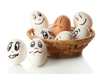 Wall Mural - Eggs with funny faces isolated on white