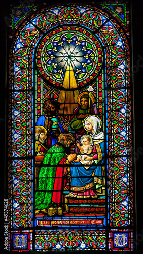 Fototapeta na wymiar Stained Glass Magi Three Kings Jesus Mary Montserrat Catalonia