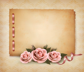 Fototapete - Retro background with beautiful pink rose and old paper. Vector