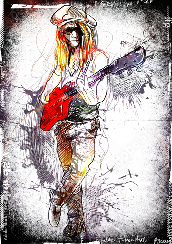 Naklejka - mata magnetyczna na lodówkę young guitarist - a hand drawn grunge illustration