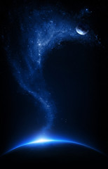 Earth and moon interconnected with starfield